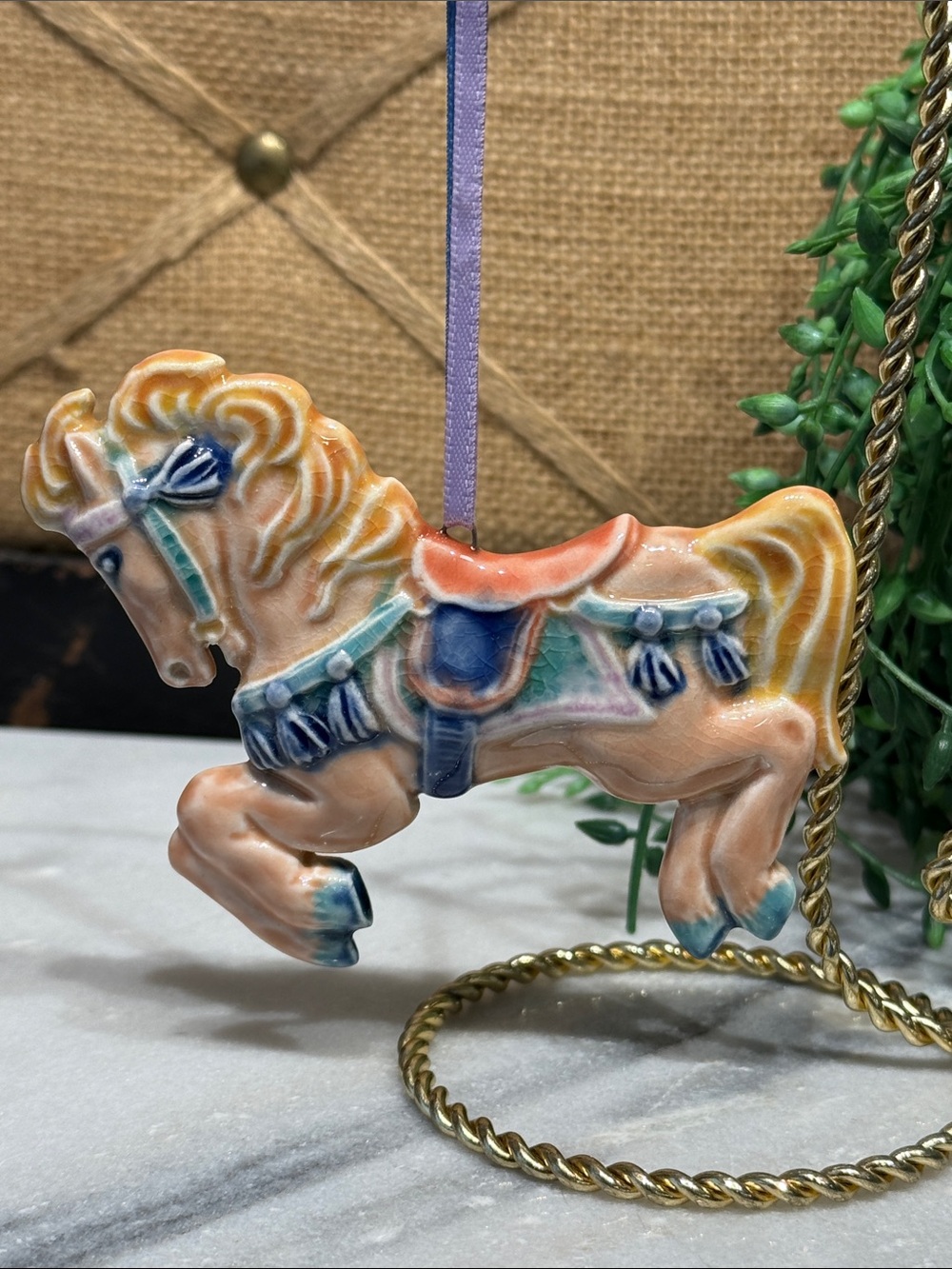Hand-Painted Peach Carousel Horse Ornament - Unbranded